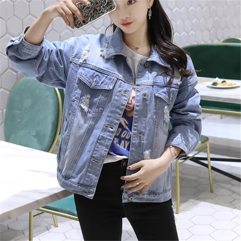 

Women Basic Coats Spring Autumn Boyfriend Holes Denim Jacket 2018 Vintage Long Sleeve Loose Female Jeans Coat Casual Outwear