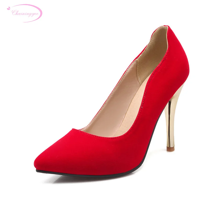 

Chainingyee casual street sexy pointed toe nubuck pumps comfortable slip black red blue high-heeled women's shoes big size