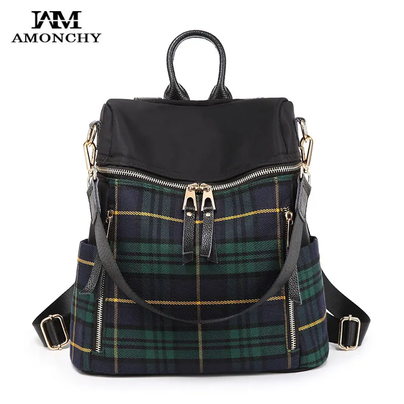 

AMONCHY New Fashion Plaid Women Backpacks Brand Designer Student Backpack Oxford Female Shoulder Bags With Leather Casual Trip