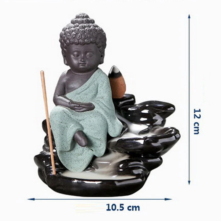 Сидеть Каменный Будда курильница для благовоний горелки черные глянцевые Гостиная украшения конусная палочка держатель + 10 pcs пирамидки
