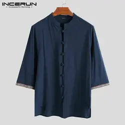 INCERUN/2019 мужская летняя рубашка на пуговицах в китайском стиле, просторное с воротником-стойкой, семь точек, Однотонная рубашка, новая