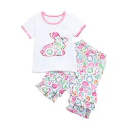 Детская одежда для девочек Пасхальный кролик оборками топы, штаны детские комплекты одежды цветочный Комплект «верх + штаны»; комплект со