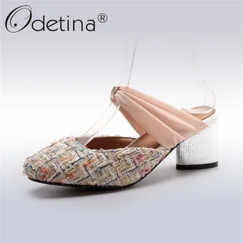 

Odetina New Fashion Elegant Riband Mules Women Thick High Heels Slippers Summer Slides Square Toe Slip On Shoes Plus Size 31-46