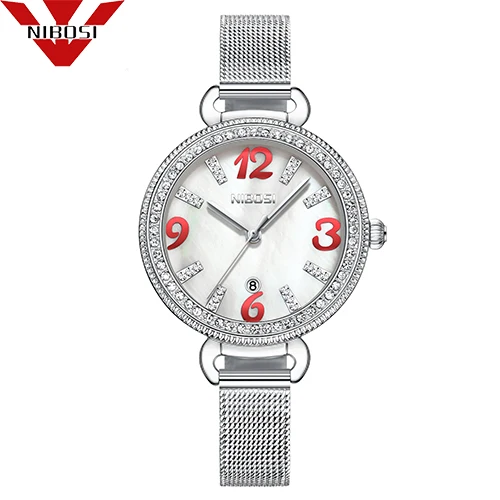 NIBOIS часы женские Роскошные Для женщин часы Дамская мода сплав золота браслет кварцевые часы Повседневное леди Водонепроницаемый наручные - Цвет: Silver White Alloy