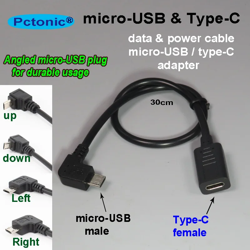 PCTONIC-Type-C-to-micro-USB-adapter-cable-Right-Angled-Female-type-C-Male-extend-Data-Power-Cable-bend-converter-30CM