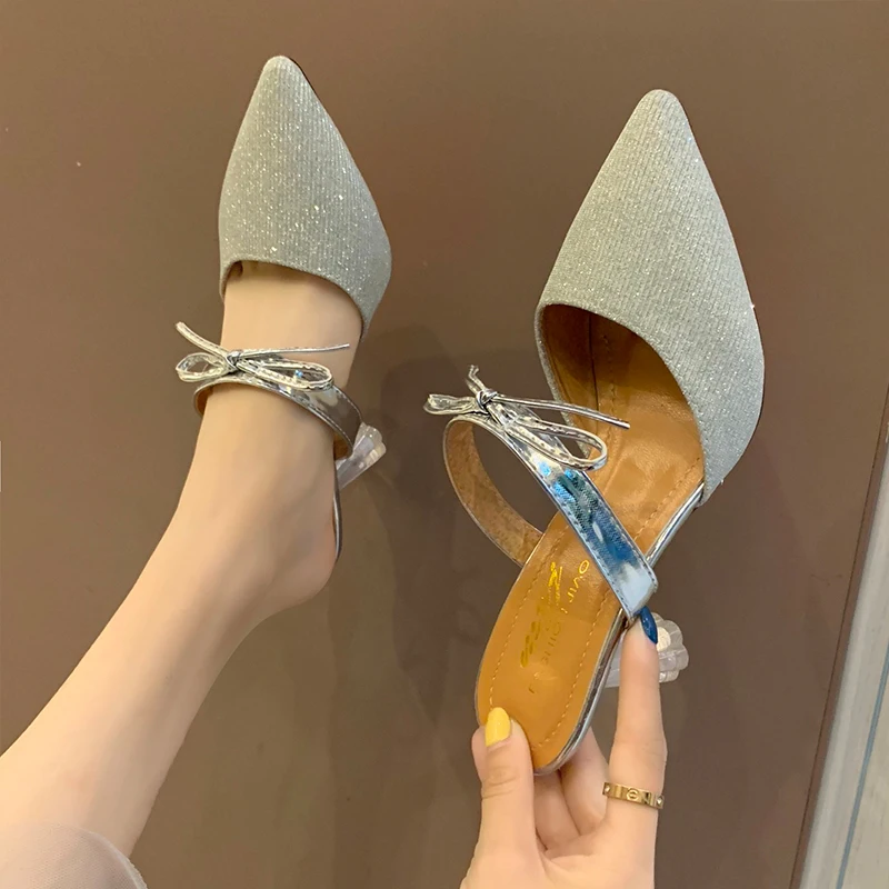 

Slides Women's Slippers 2019 Woman Shoes Luxury Med Thin Heels Pointed Toe Heeled Mules Butterfly-knot Sliders New Designer