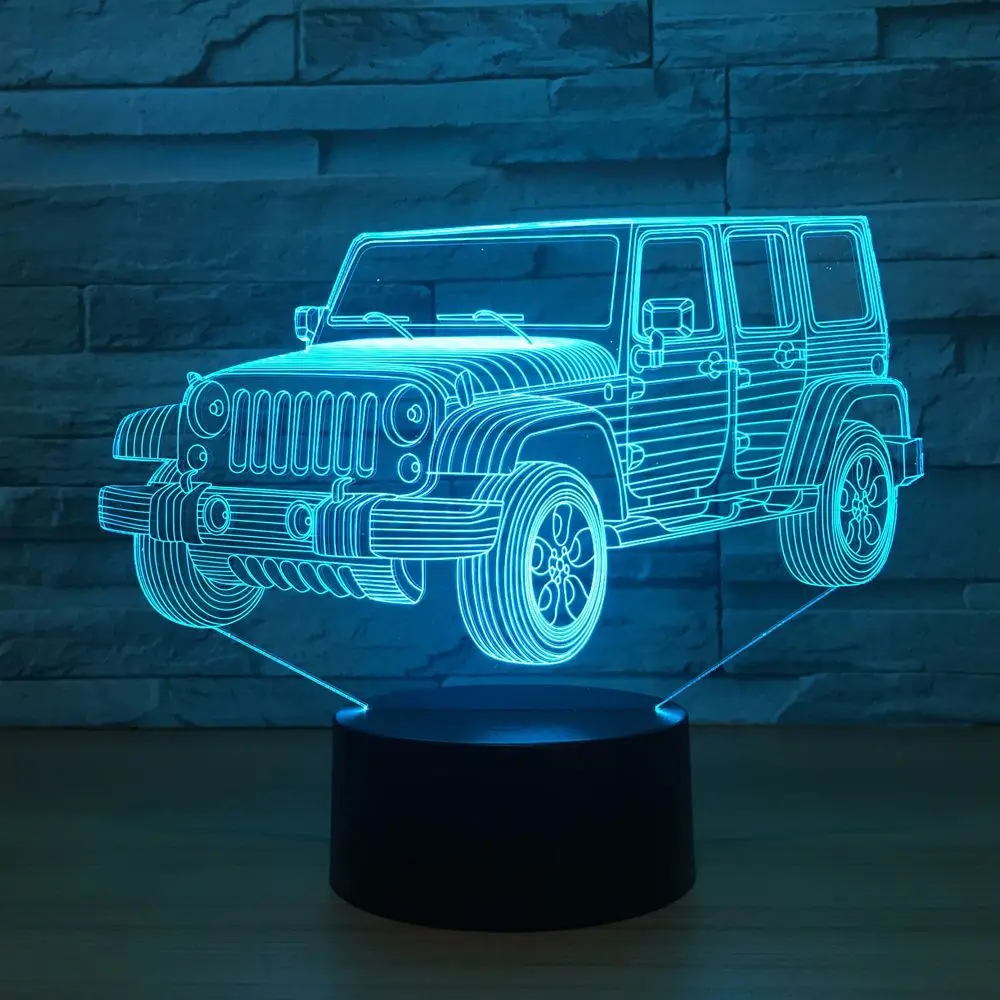 

Акриловый Jeep Car 3D ночной Светильник, новинка, подарки, 7 цветов, изменясветодиодный настольные лампы, 3D иллюзии, лампы для мальчиков, подарки