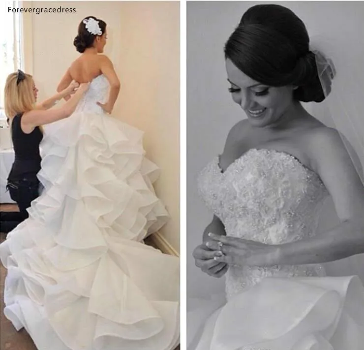 Cascading Ruffles Plus Size Mermaid Wedding Dresses Sweetheart Beaded Appliques Court Train Bridal Gowns Corset Backless BC0490  203