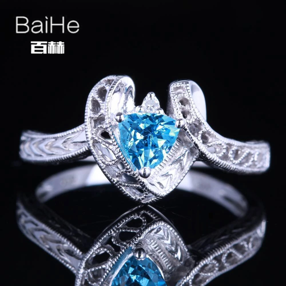 BAIHE Solid 14K белое золото 1CT голубой топаз/безупречный триллион свадебные женские