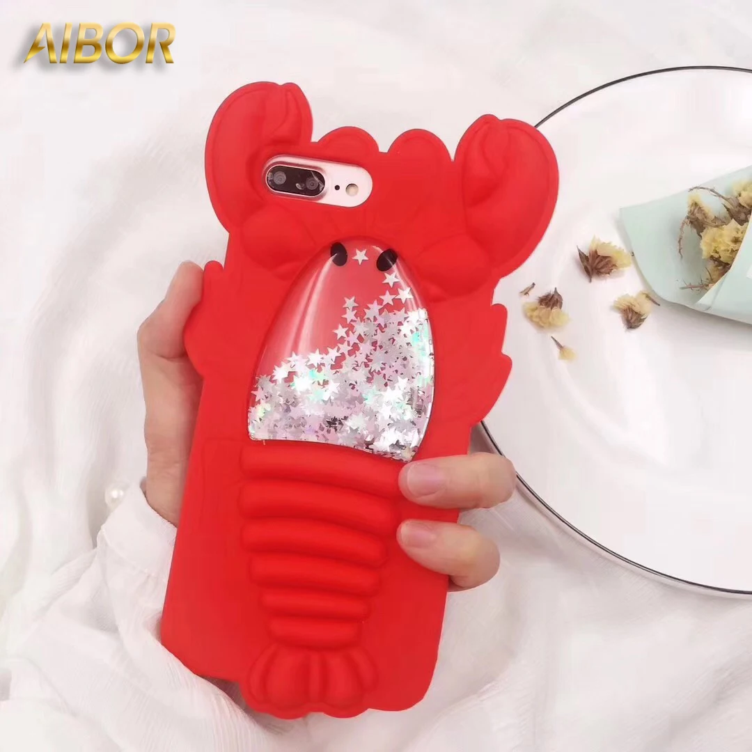 3D Soft Silicone Cartoon red Lobster Crayfish Glitter Liquid Quicksand Phone Case for iPhone X/iPhone 6S 7 8 Plus Back Cover |