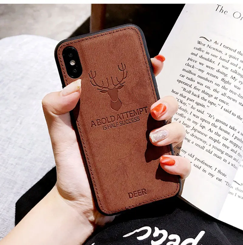 

Luxury Cloth Texture 3D Embossed Deer Case For iPhone XR XS Max X 6 6S 7 8 Plus Premium Soft TPU edge Phone Case Cover Coque