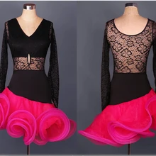 Для взрослых Костюмы для латиноамериканских танцев платье для танцев, v-образным вырезом кружевной топ Fishbone подол юбки, профессиональный Румба/Chacha/Костюмы для бальных танцев костюм