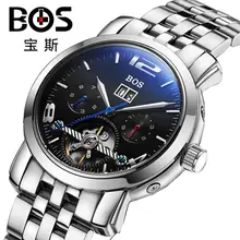ANGELA BOS Dial Work Calfskin Leather Band Stainless Steel Strap Wrist Watches For Men Automatic Mechanical Men Watches