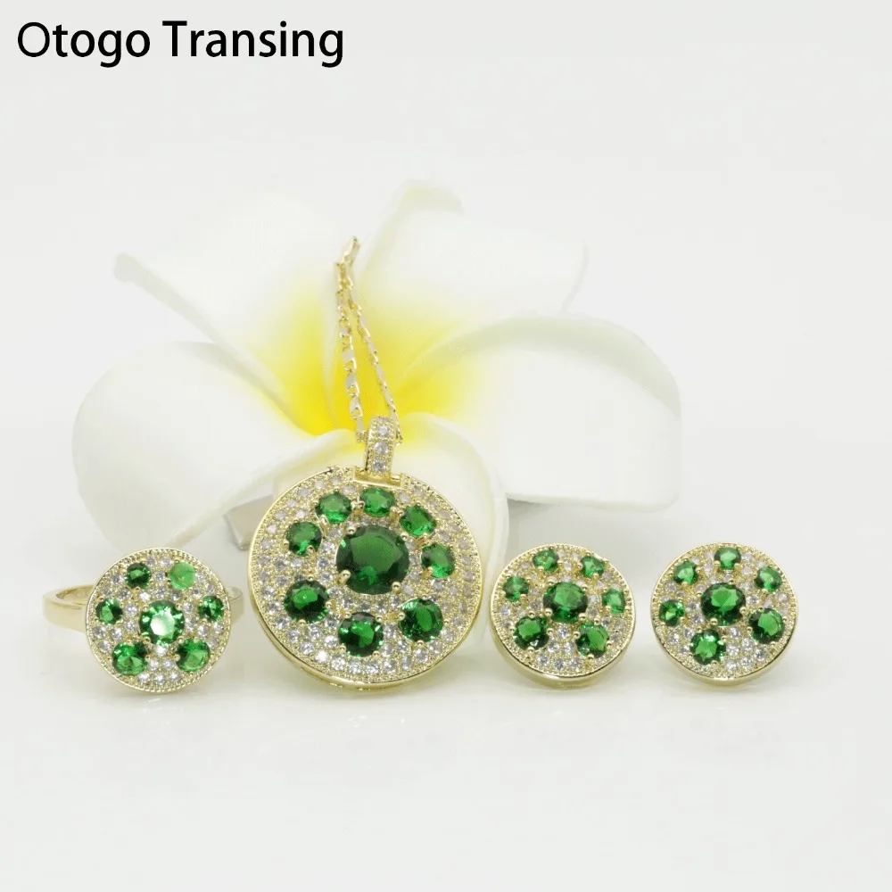 Otogo transing модные свадебные зелеными кристаллами ручной работы; комплект: Для женщин круглый дизайн ювелирные наборы Золото Цвет Цепочки и ожерелья/серьги/Rings-S254
