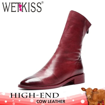 

WETKISS Low Heels Women Red Boots Round Toe Footwear Gradient Leather Ankle Boot Female Autumn Winter Shoes Woman 2019 Zip Boots