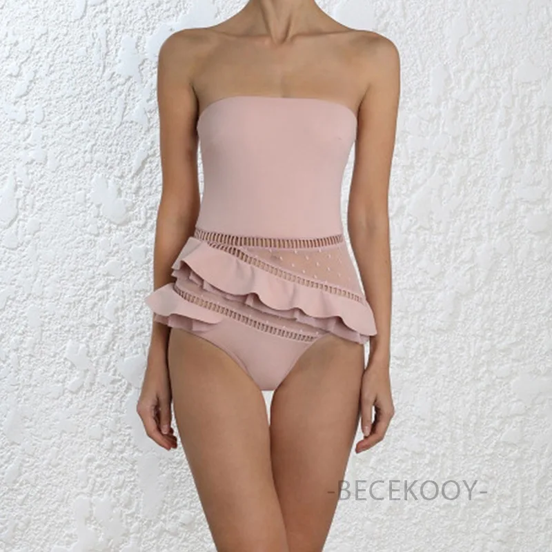 

May Women Beach Swimsuit Biquini One Piece Swimsuits Swimwear Bikini Wipes Bosom Ruffled Lace Backless Sexy Solid Spandex