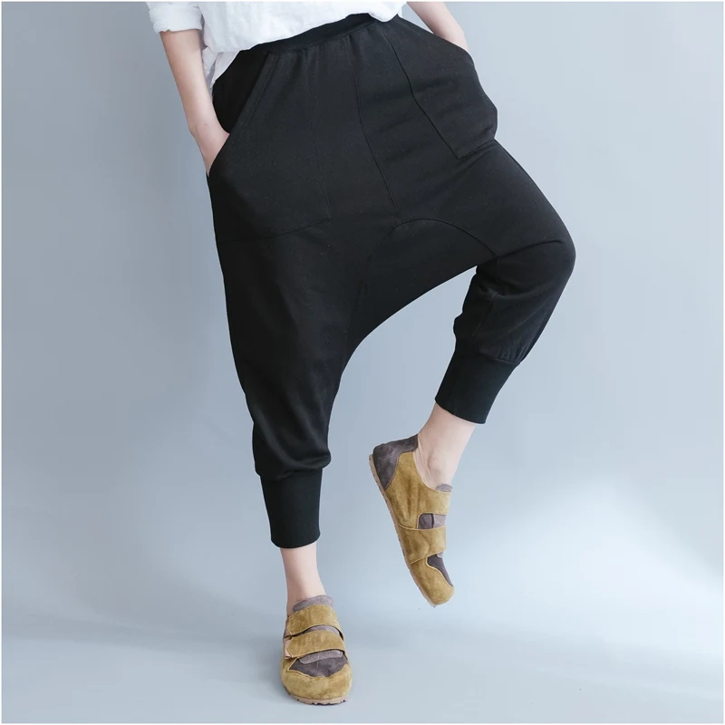 Women Summer Pants Comfortable Cotton Harem Pants Trousers Black Color