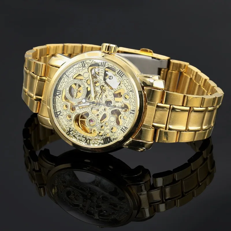 Новые модные часы в стиле милитари с скелетом, мужские повседневные автоматические механические наручные часы из нержавеющей стали, роскошные золотые часы
