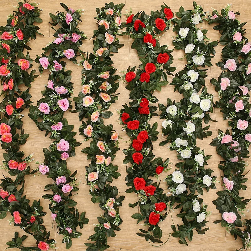 

2PC 2.4M 11Heads Fake Silk Roses Ivy Vine Artificial Flowers with Green Leaves For Home Wedding Decoration Hanging Garland Decor