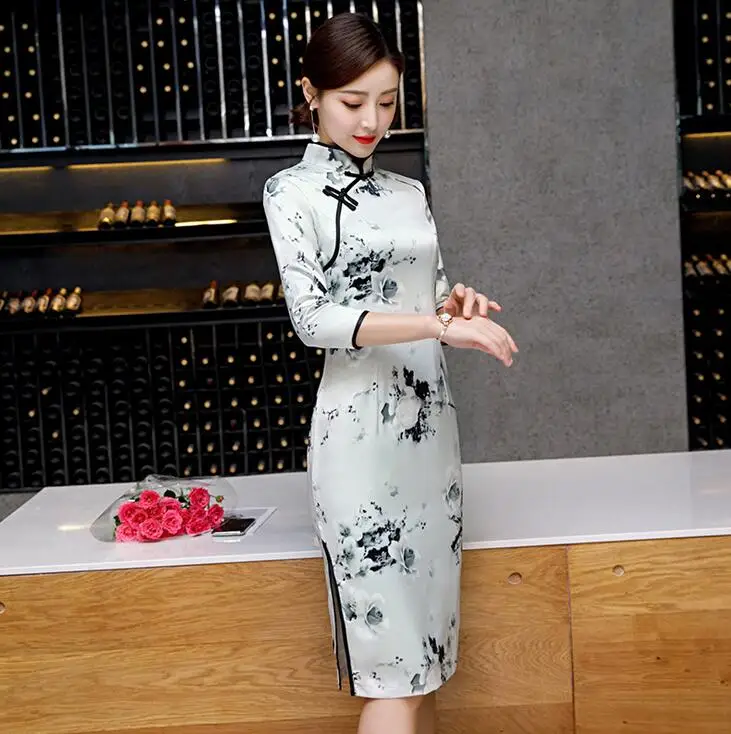 1728 Район печати для женщин пикантные Винтаж Короткие печати Cheongsam Новинка китайский стиль воротник стойка платье дамы тонкий Qipao S-XXXL - Цвет: 1728