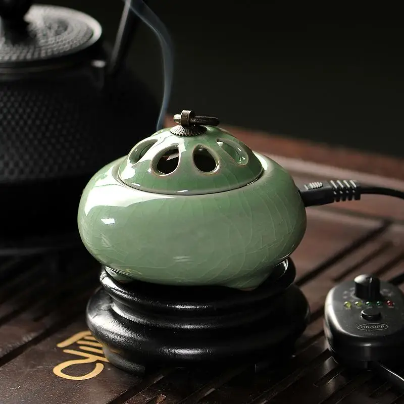 

Timing thermal control electronic ta ceramic aromatherapy furnace heavy incense Buddha plugged with antique wood powder lid
