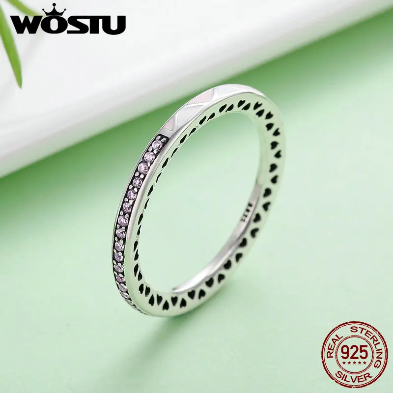 WOSTU Аутентичные стерлингового серебра 925 пробы розовые и белые эмалированные шикарные кольца для женщин модные свадебные украшения Прекрасный подарок DXR110