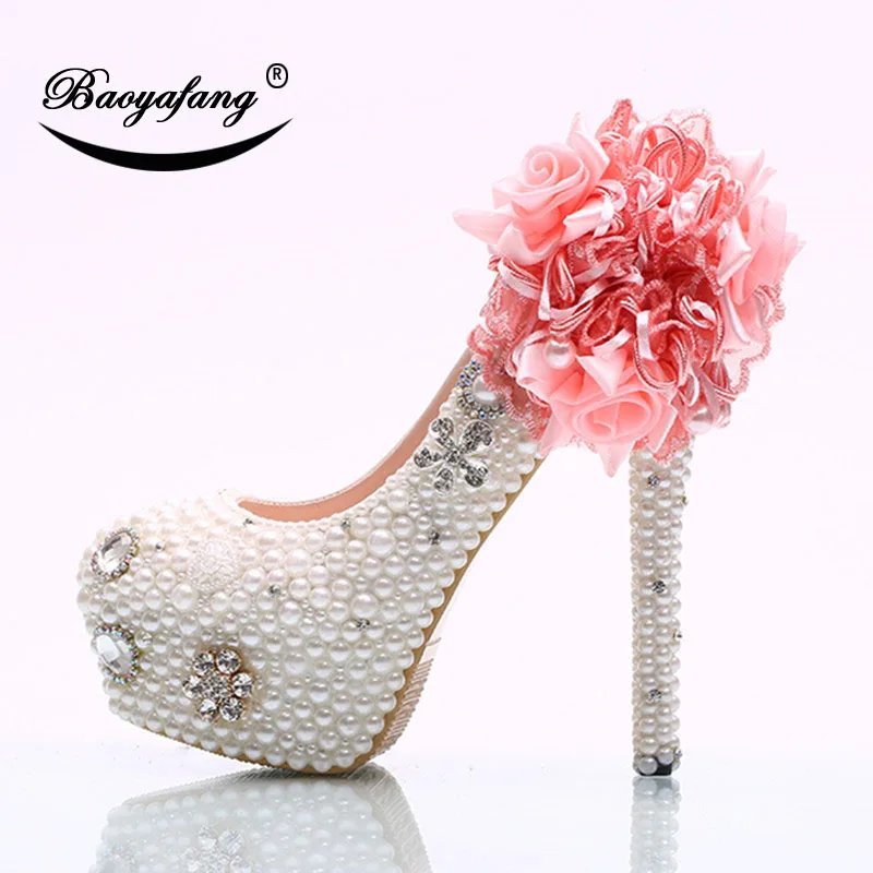 

2019 New arrival Womens wedding shoes white pearl Bridal party dress shoes Pink lace Flower Woman High heels platform shoe
