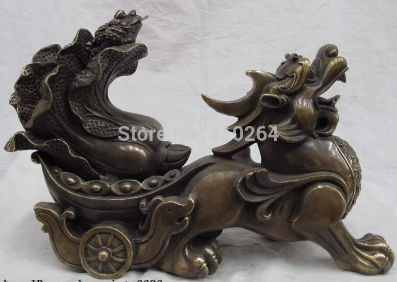 

$GANG $ China Folk Copper Bronze Fengshui Lucky Wealth Foo Dog Lion Pull cabbage Statue