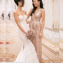 Rose Gold Sequins Maid Of Honor V Neck A Line Floor Length Cheap Gold Bling Long Bridesmaid Dresses Plus Size Gowns B35