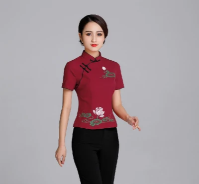 Sheng Coco женские элегантные топы Ципао ханьфу китайский стиль цветок лотоса розовый красный пластина Кнопка Короткие Cheongsam рубашка одежда - Цвет: red  qipao tops