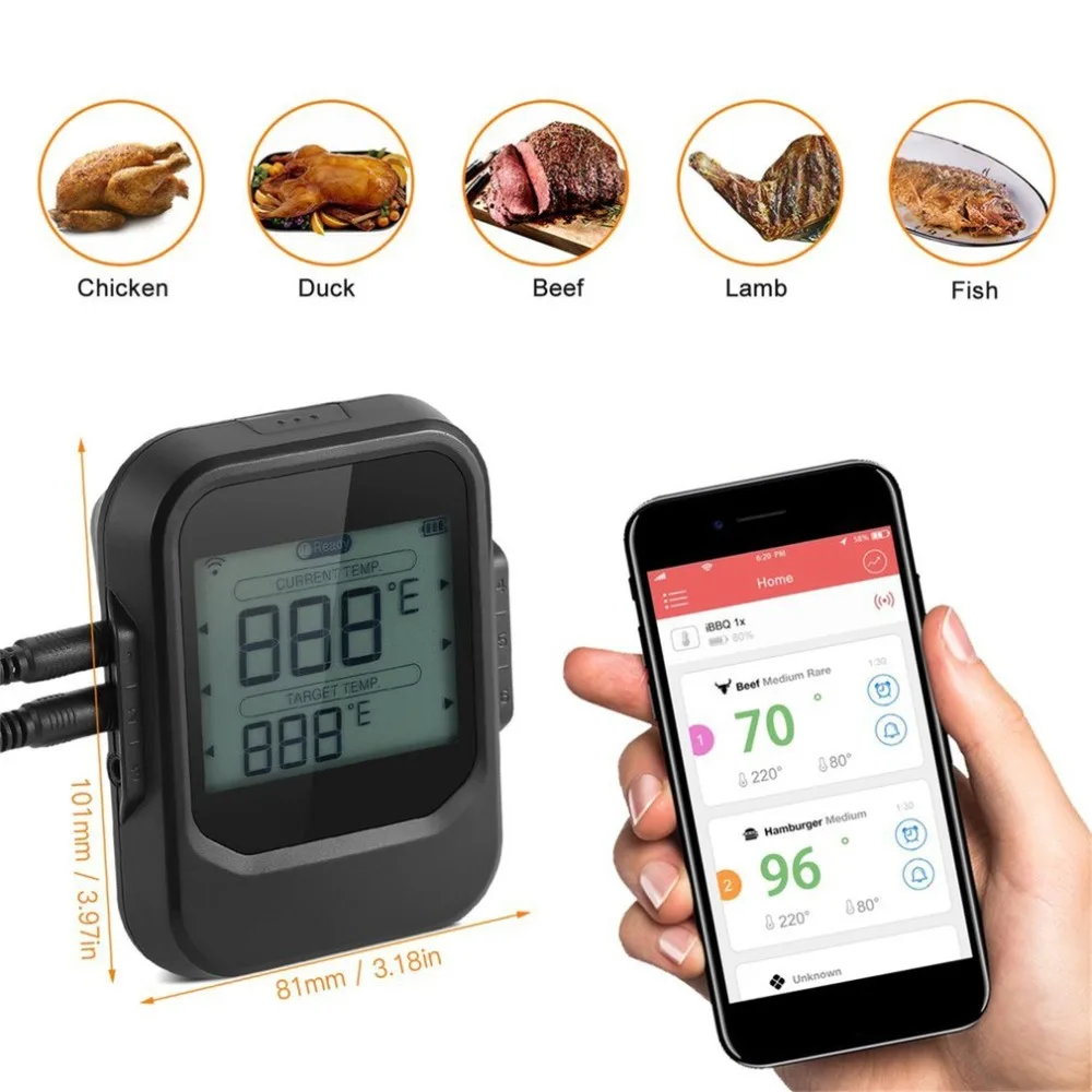 Food Cooking Bluetooth Wireless BBQ Thermometer With Six Probes and Timer For Oven Meat Grill Free App Control |
