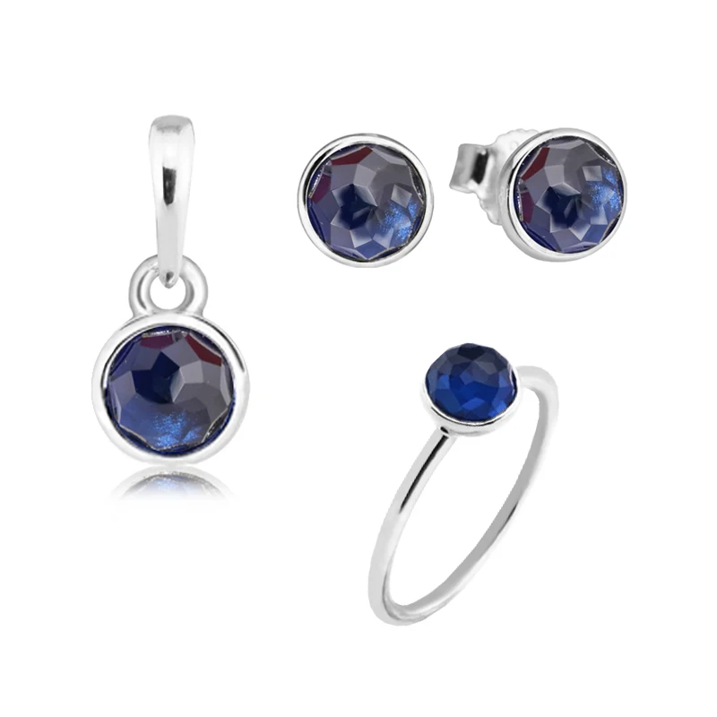 

September Droplet Ring Charms Pendants Stud Earrings 100% 925 Sterling Silver Blue Cz Jewelry Set for Women Girl Gift PSR009