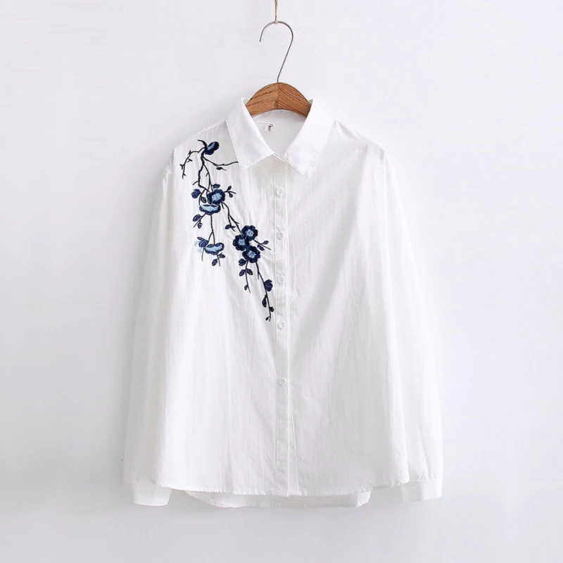 Осенние белые женские блузки с цветочной вышивкой, с длинным рукавом, синяя рубашка в полоску, хлопковые повседневные женские топы, blusas mujer de moda