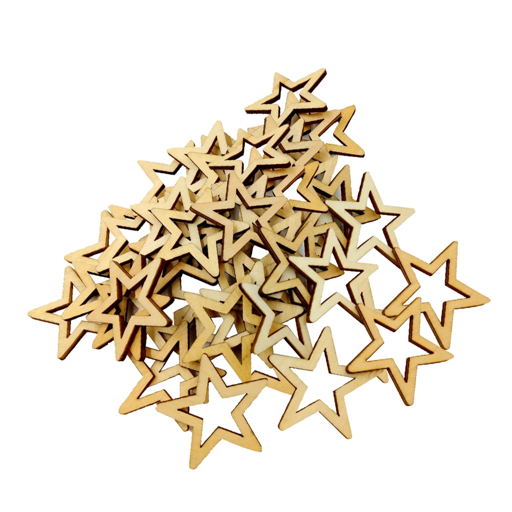 50 Pcs Unfinished Hollow Star Shape Wooden Embellishments Tags 30/40/50mm DIY Craft for Wedding Event Party Decor Favor Supply