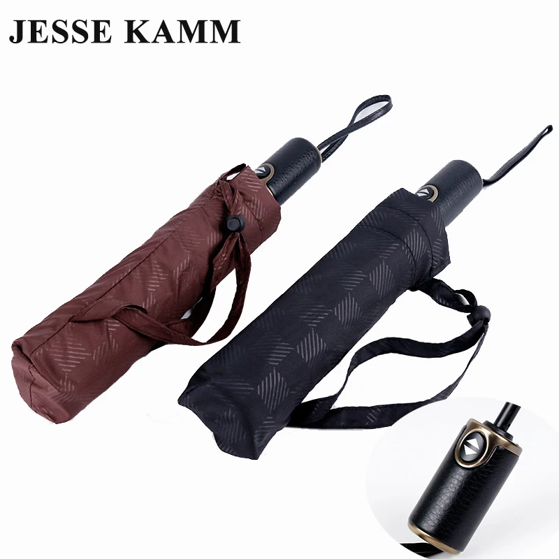 

JESSE KAMM Fully-Automatic Leather Handle Pongee Canopy 10 Ribs Windproof Rain Strong Large For Men Gentlemen Leisure Umbrellas