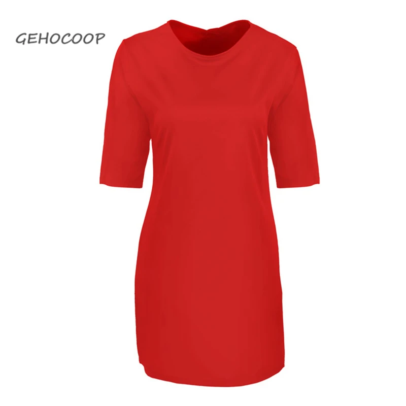

GEHOCOOP Simple Casual Style Sexy Dress Round Neck Five-Point Sleeve Short Mini Dresses Red Green Black Vestidos Casuais Kleid