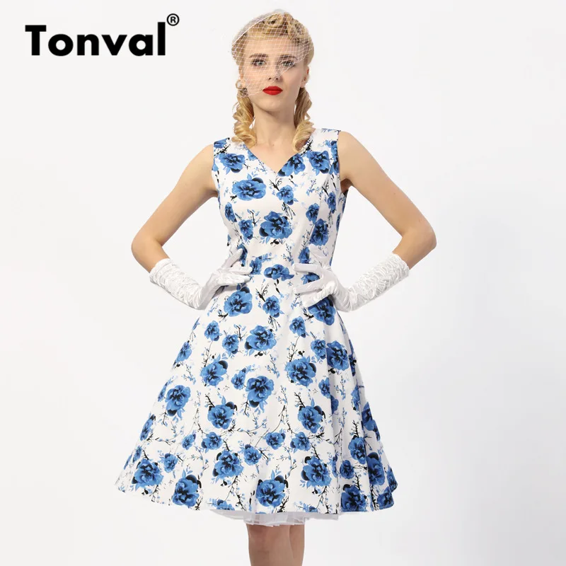 

Tonval Blue Flower Elegant Cotton White Summer Dress A Line V Neck Vintage Dress Women Casual Floral Dresses