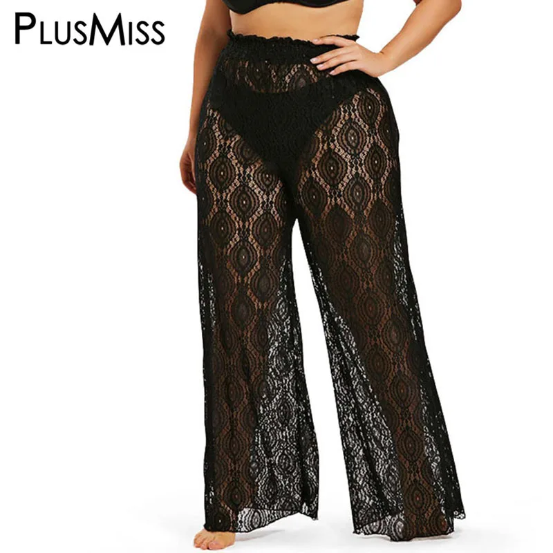 

PlusMiss Plus Size XXXXL XXXL XXL See Through High Elastic Waist Women Loose Pants Big Size Black Lace Mesh Wide Leg Trousers