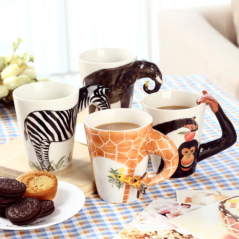 

3D Creative Animals Cup Ceramic Mug Coffee Cups Caneca Cup animal shape Hand painted Deer Giraffe Deer Lion Monkey Dog Cat cup