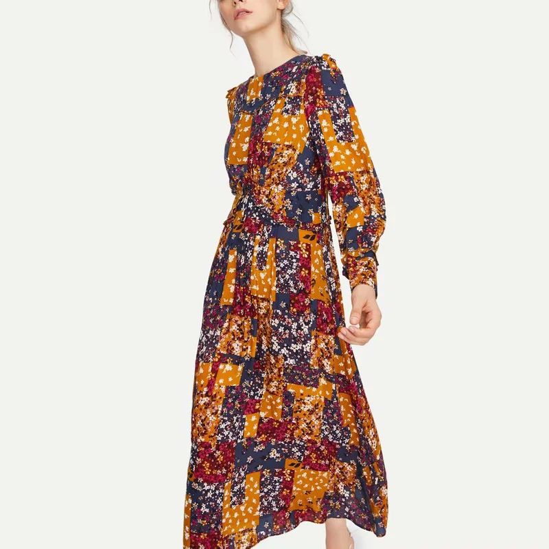 

ZA 2019 Spring New Retro-printed O-neck Full Sleeve Long Dresses