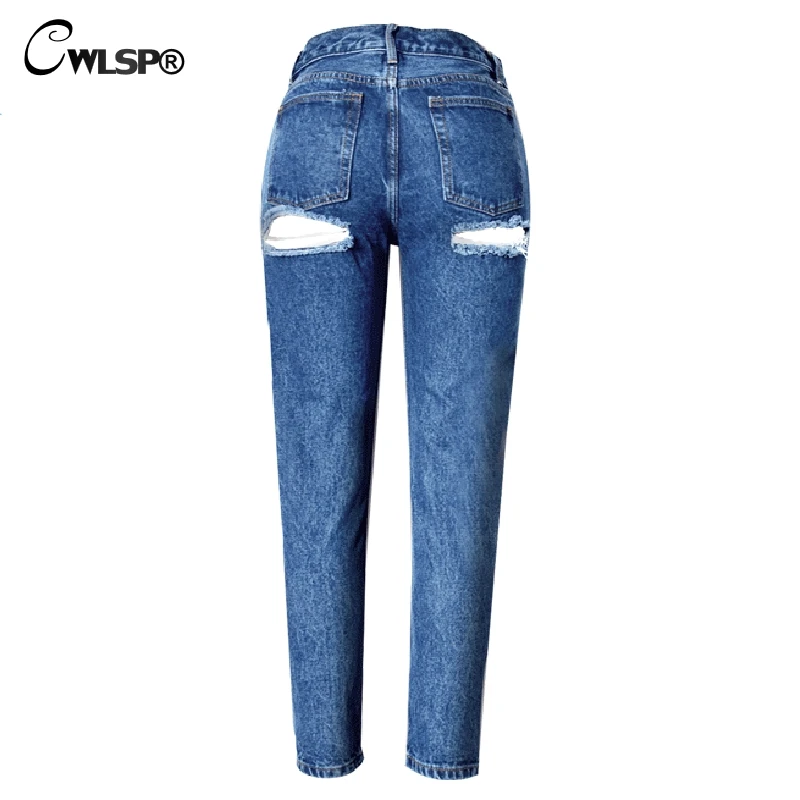 CWLSP Casual Jeans Woman Pants High Waist Bottom Ripped Holes Skinny jeans Sexy women Denim Pencil Pants jeans femme QL2916