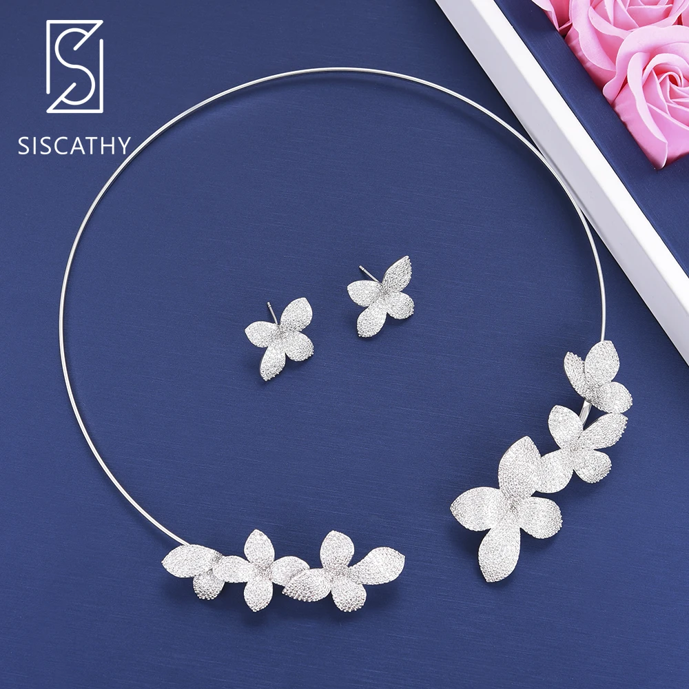 

SISCATHY Deluxe Cubic Zirconia Bridal Wedding Necklace Dangle Earrings Jewelry Set acero inoxidable joyeria mujer