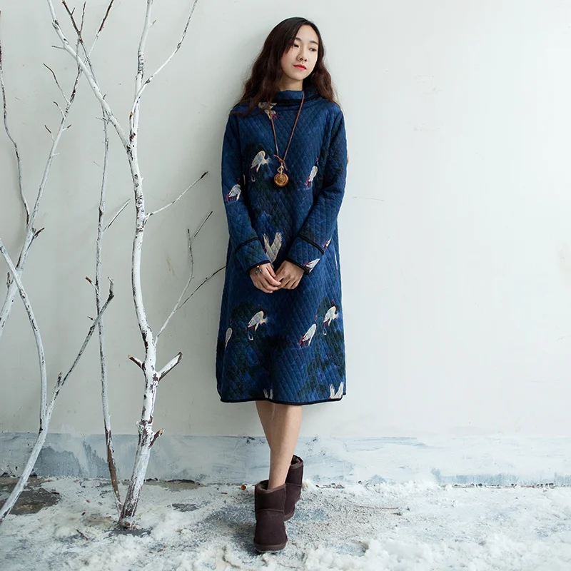 Women national Style Winter Bottoming Cotton Dress Ladies Bird Print Thick Robes Retro Turtleneck Print Chinese