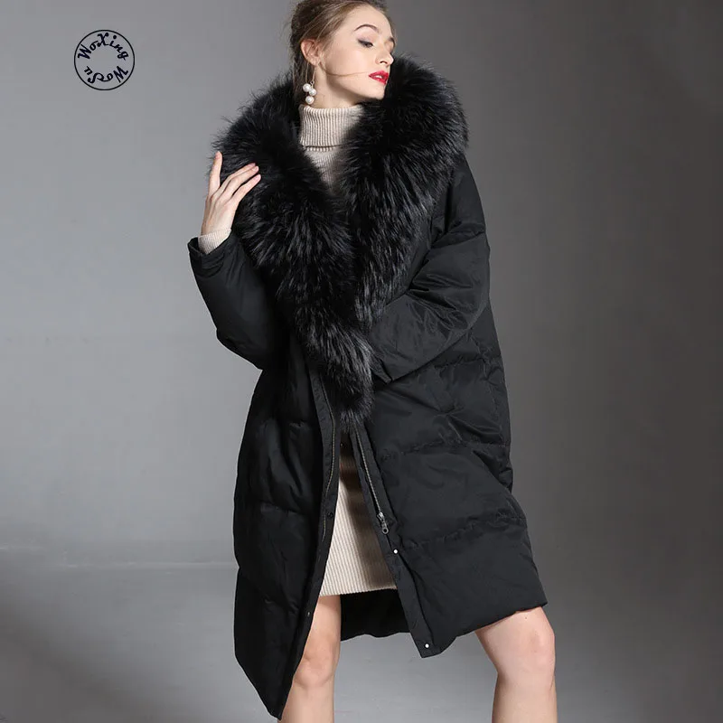 

Woxingwosu women's winter thickening, women's wear medium length real fur collar hat white duck's down coat