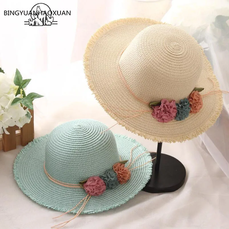 BINGYUANHAOXUAN 2018 الساخن كبيرة حافة قبعات للحماية من الشمس ل الوالدين والطفل نماذج قبعة قش قابلة للطي الإناث عارضة أومبير قبعة صيفية شاطئ كاب