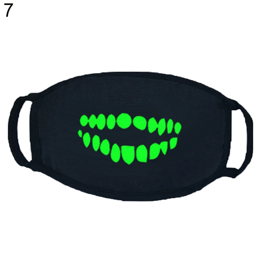 Joylife Хэллоуин Панк клыки Смешные зубы шаблон мягкий дышащий хлопок флуоресцентный зеленый светящийся Маска Зима рот муфельная - Цвет: 7