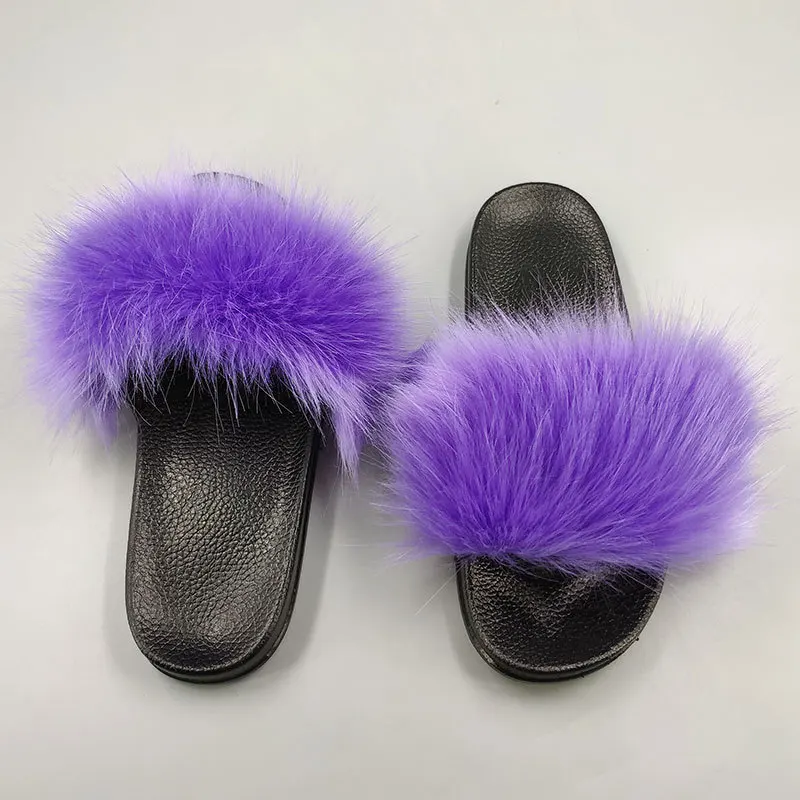 Женские шлепанцы с искусственным мехом; пушистые сандалии-шлепанцы с пушистым верхом; домашняя обувь с открытым носком; женская обувь на меху - Цвет: grey violet