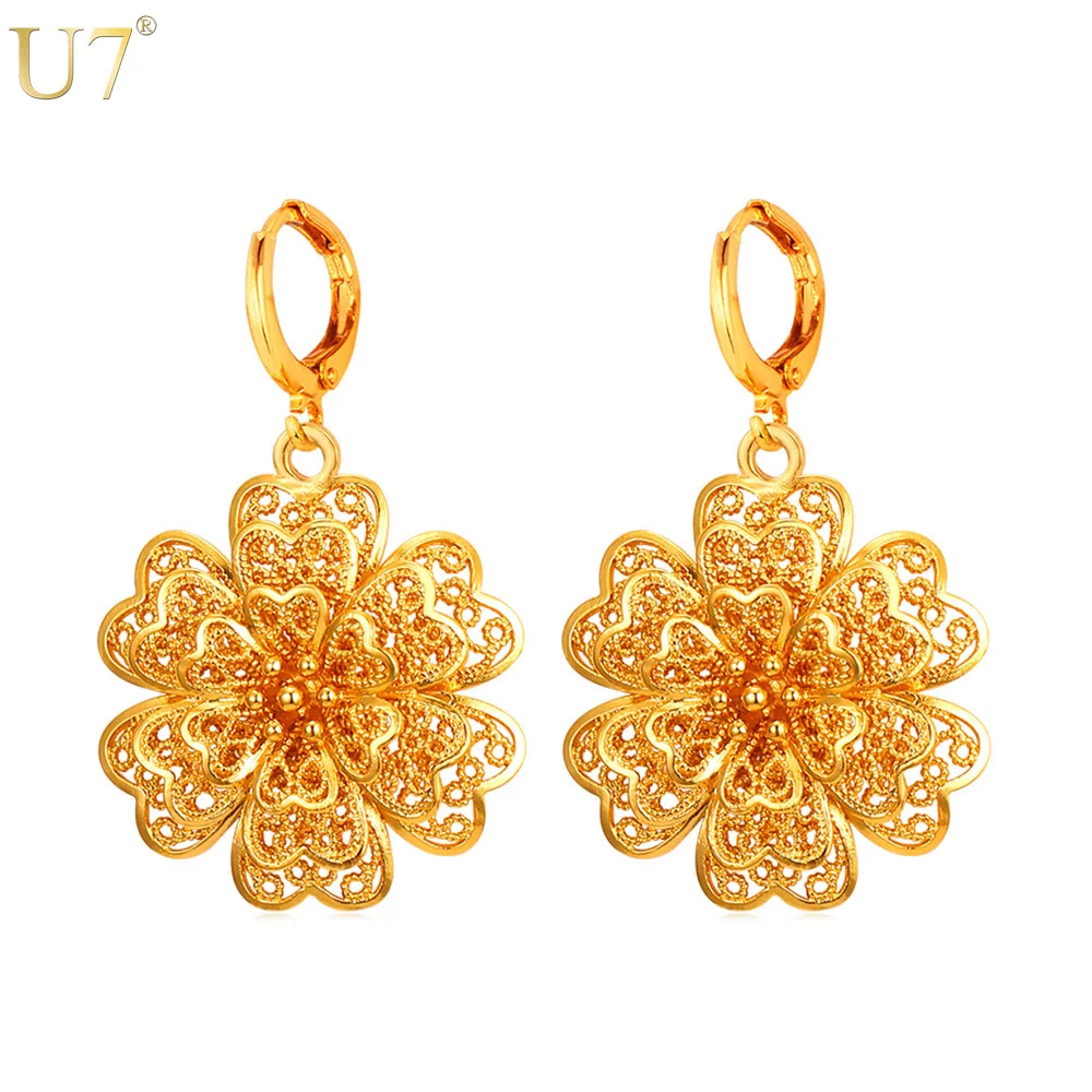 

U7 New Vintage Earrings Fashion Jewelry Gold/Silver Color Exquisite Flower Drop Earrings For Women Gift E772