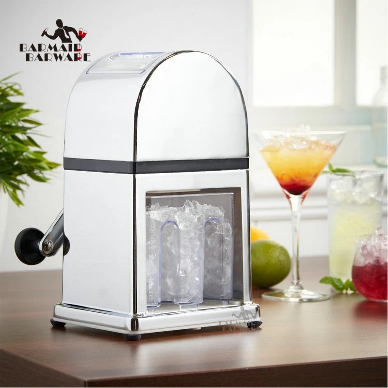 

Manual Ice Crusher Machine with Stylish Mirrored Finish - Includes an Ice Tray and Scoop Bar Tools