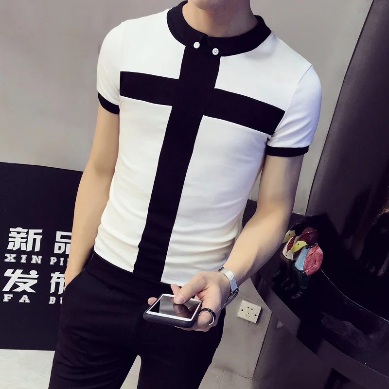 

2018 spring and summer new dual-button lapel + font stripe men's casual fashion short-sleeved